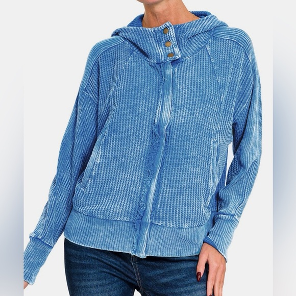 NWT Zenana Ocean Blue Acid Wash Zip Up Waffle Knit Hooded Jacket - Picture 2 of 4